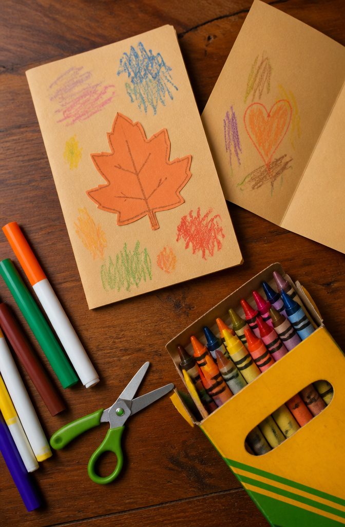 A folded Thanksgiving card decorated with crayon and paper leaves.