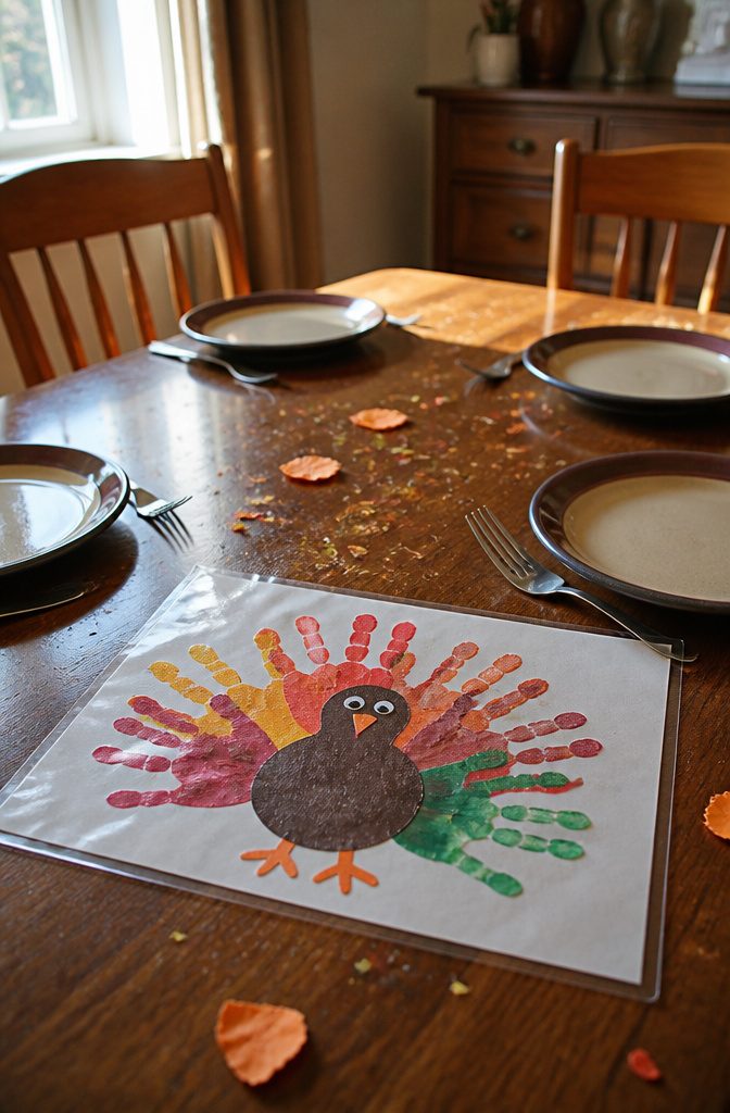 A placemat decorated with colorful handprints and a turkey motif.
