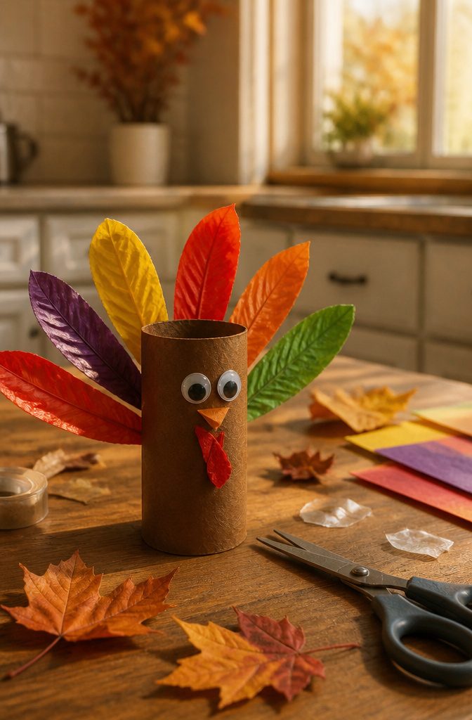 A toilet paper roll turkey with cardboard feathers and googly eyes.
