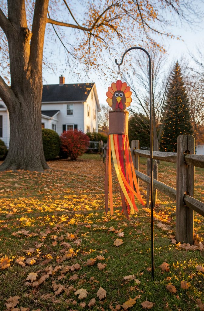 A windsock turkey made from a tin can with colorful streamers.