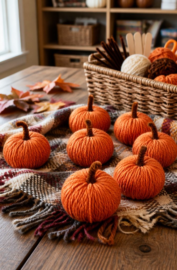 Yarn pumpkins in orange with brown pipe cleaner stems on a wool scarf.