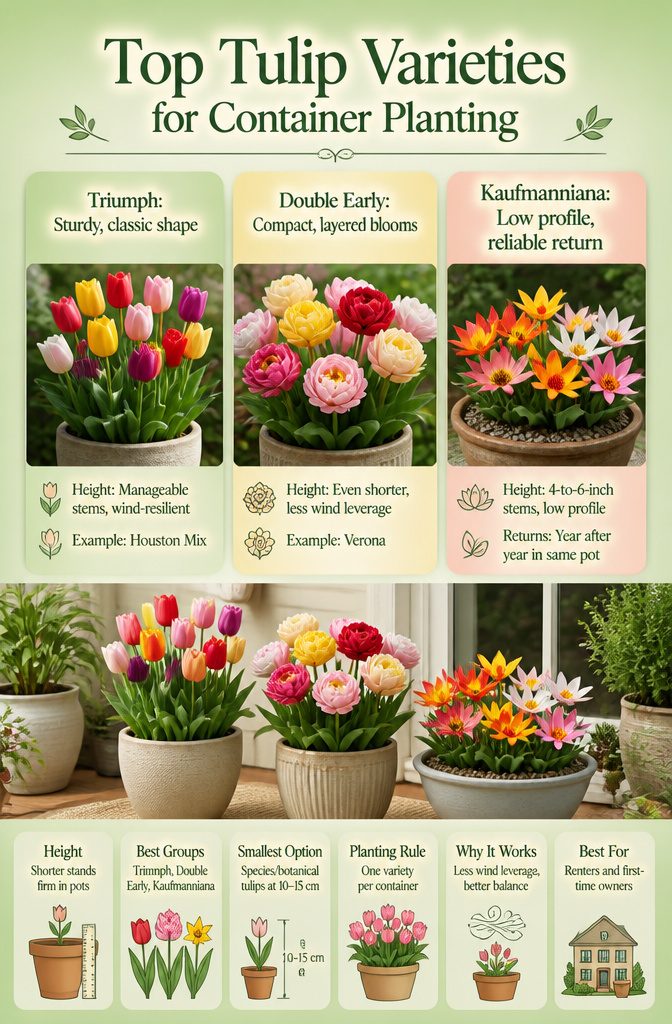 A display of different tulip varieties suitable for container planting.