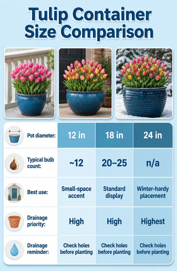 A chart comparing the number of tulip bulbs per pot size.