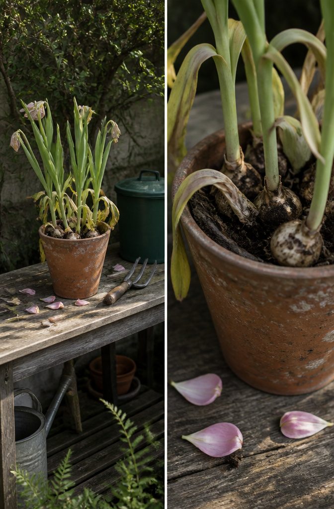 A pot of tulips with yellowing leaves after blooming.