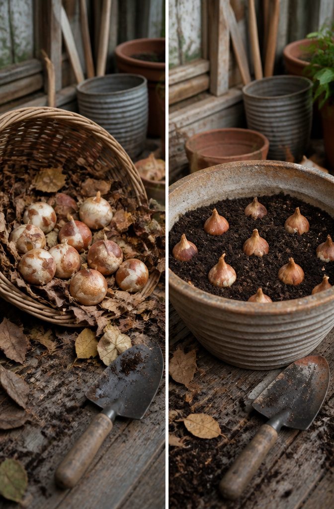 Tulip bulbs prepared for storage after being removed from a pot.