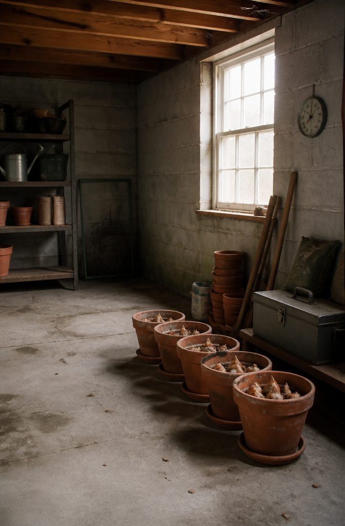 A pot with tulip bulbs in an unheated garage for winter chilling.