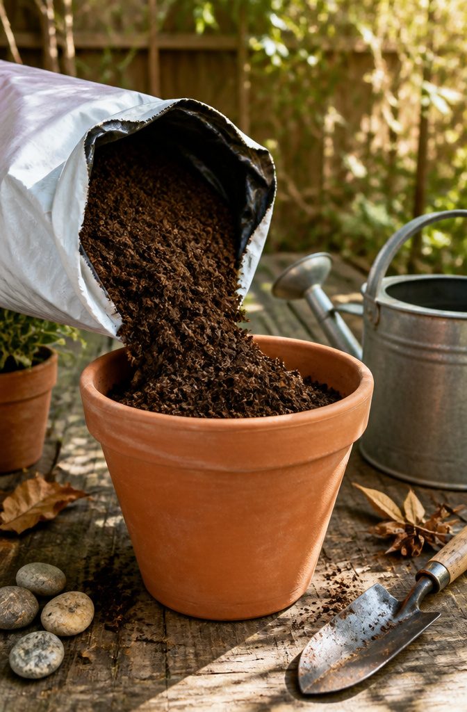 A bag of potting mix pouring into a terracotta pot on a wooden table.