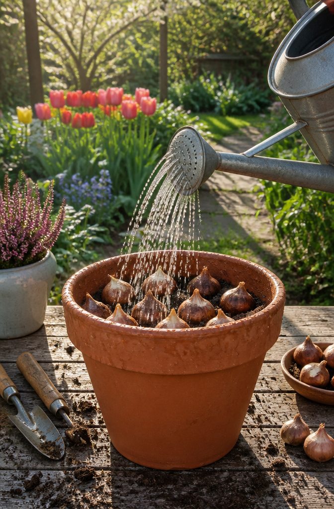 A terracotta pot being watered with a metal watering can.