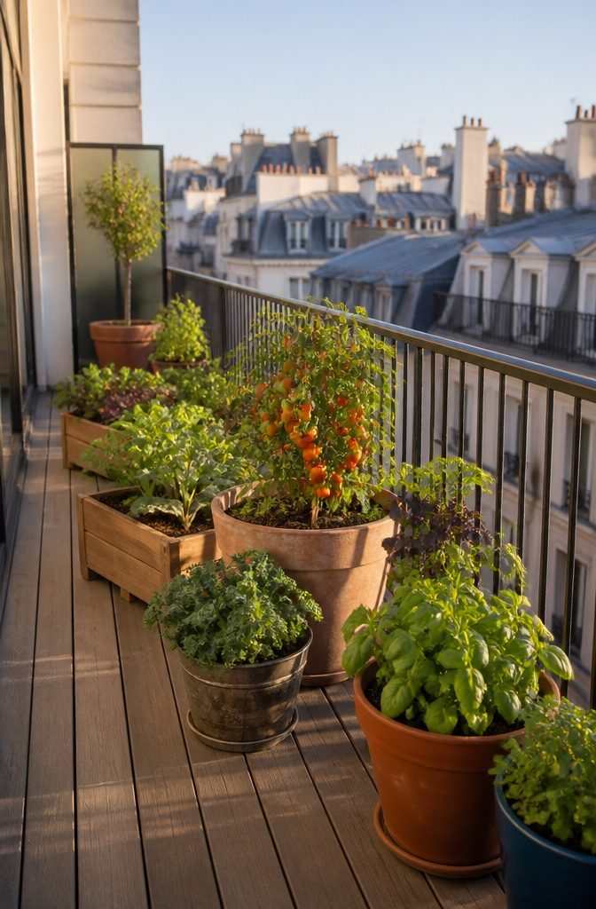 A container with cherry tomatoes on a balcony railing.