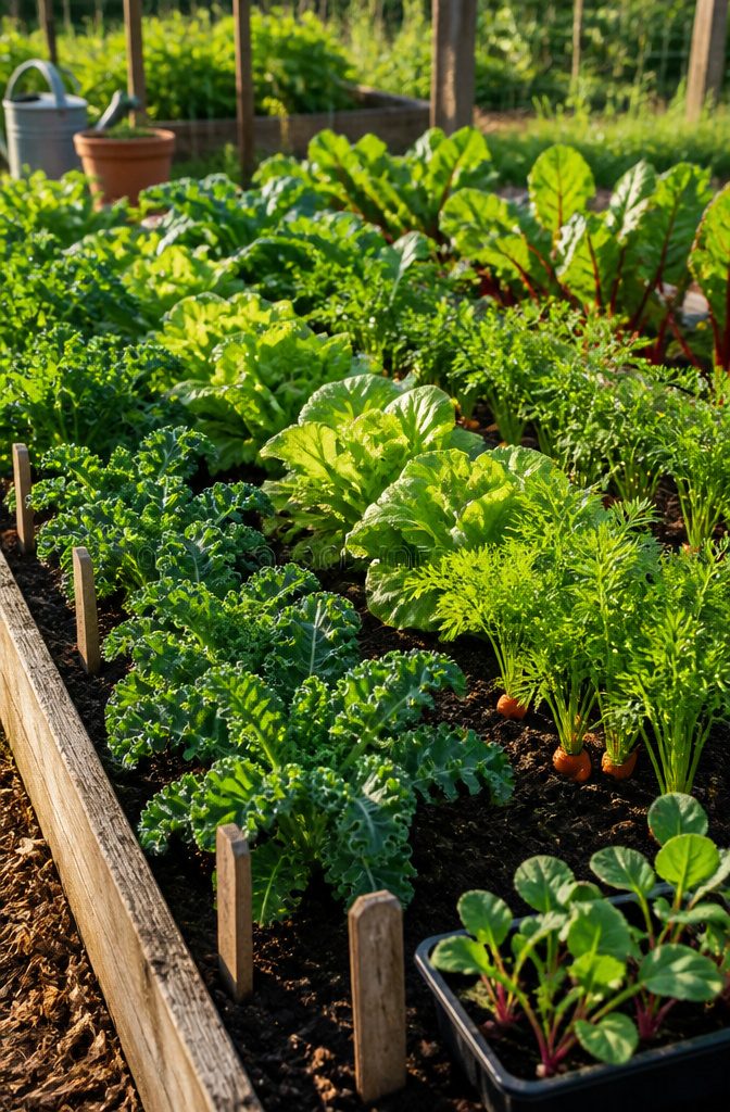 A garden bed with kale, lettuce, and carrot tops peeking through.