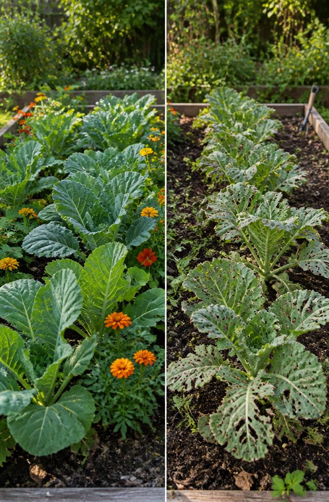 A well-maintained vegetable garden with healthy plants.