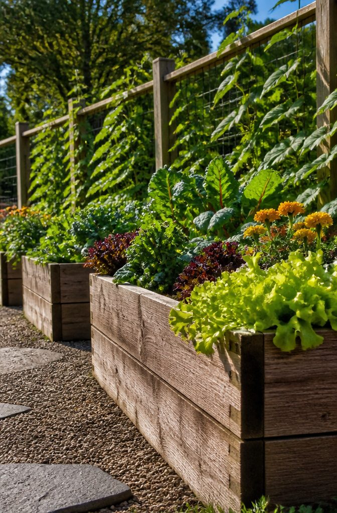 Raised garden beds made from wood, ready for planting.