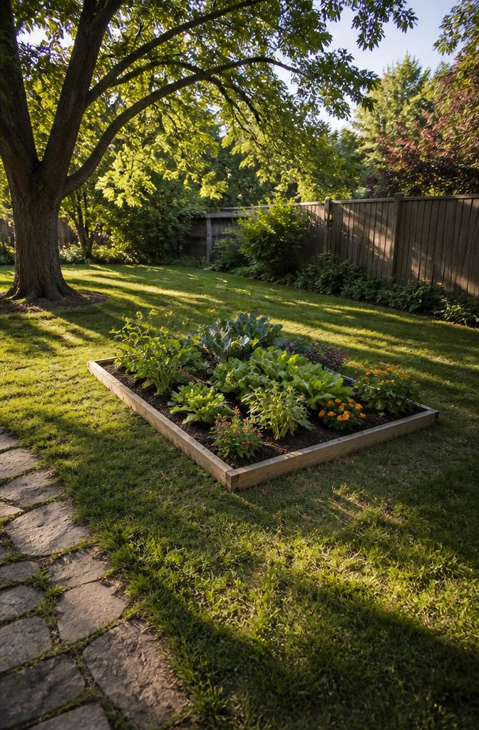 A sunny area with soil prepared for vegetable planting.