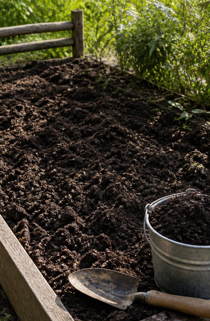 Dark, rich soil prepared for planting with a trowel and compost.