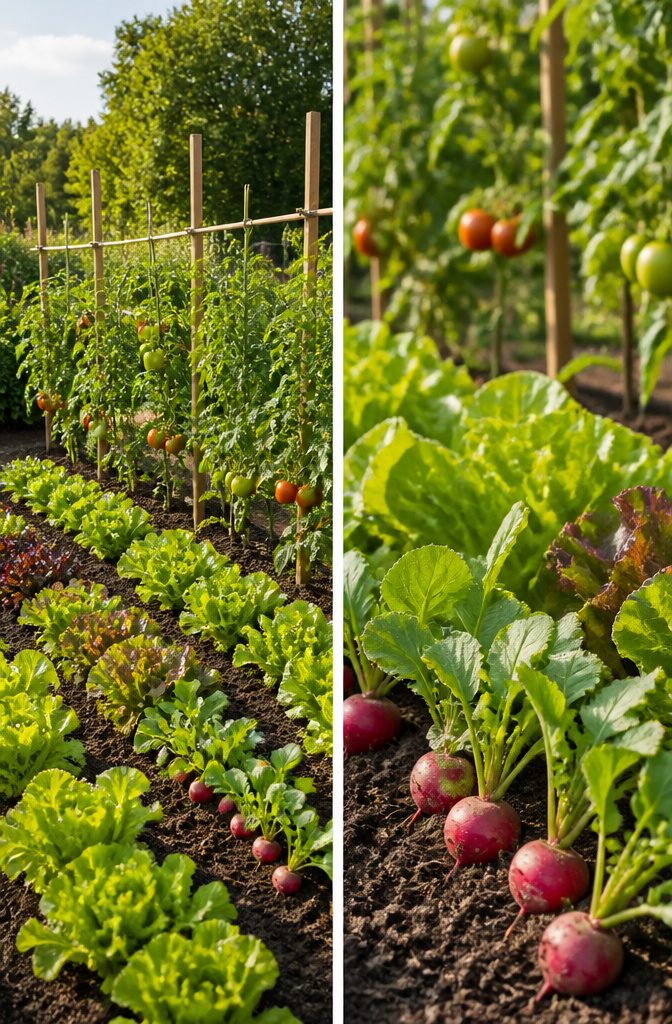 A garden bed prepared for succession planting of various vegetables.