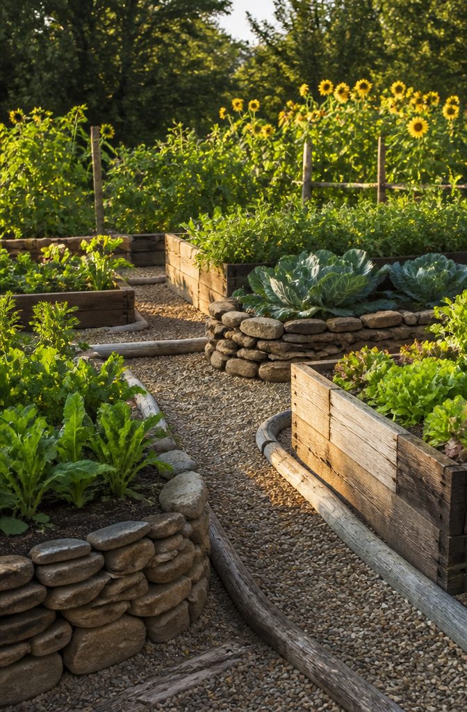 Raised beds of wood and stones with leafy vegetables.