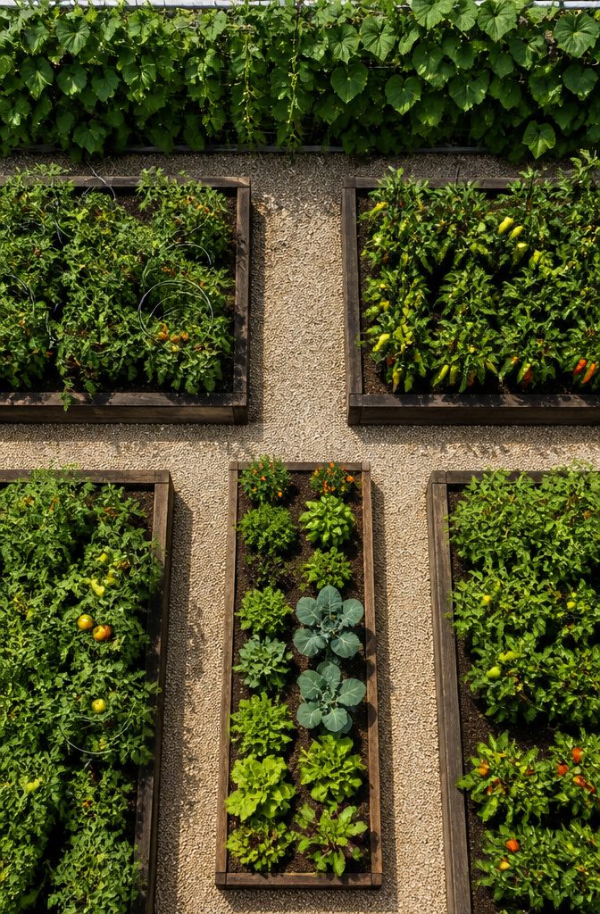 A vegetable garden layout featuring block planting of various vegetables.