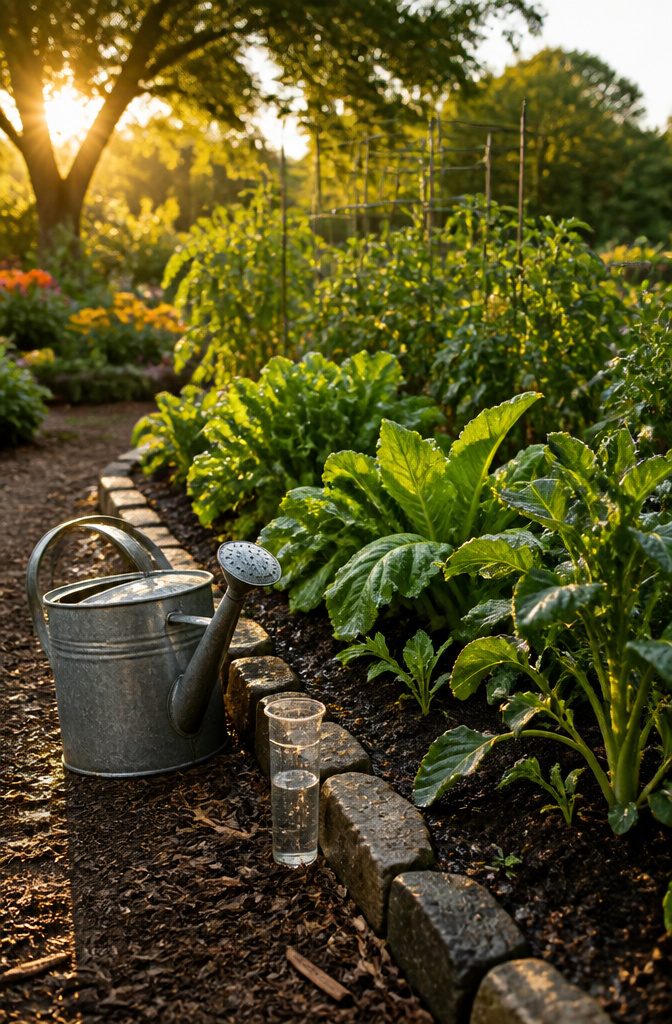 A watering can and rain gauge near a vegetable garden.