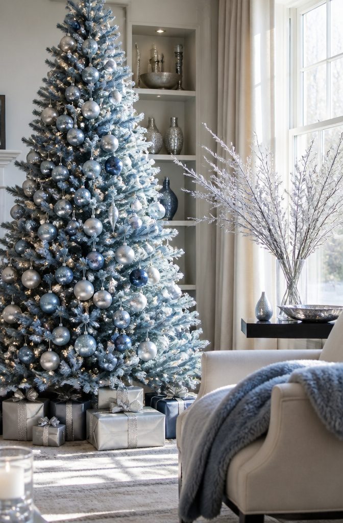 A blue frosted Christmas tree decorated with silver ornaments.