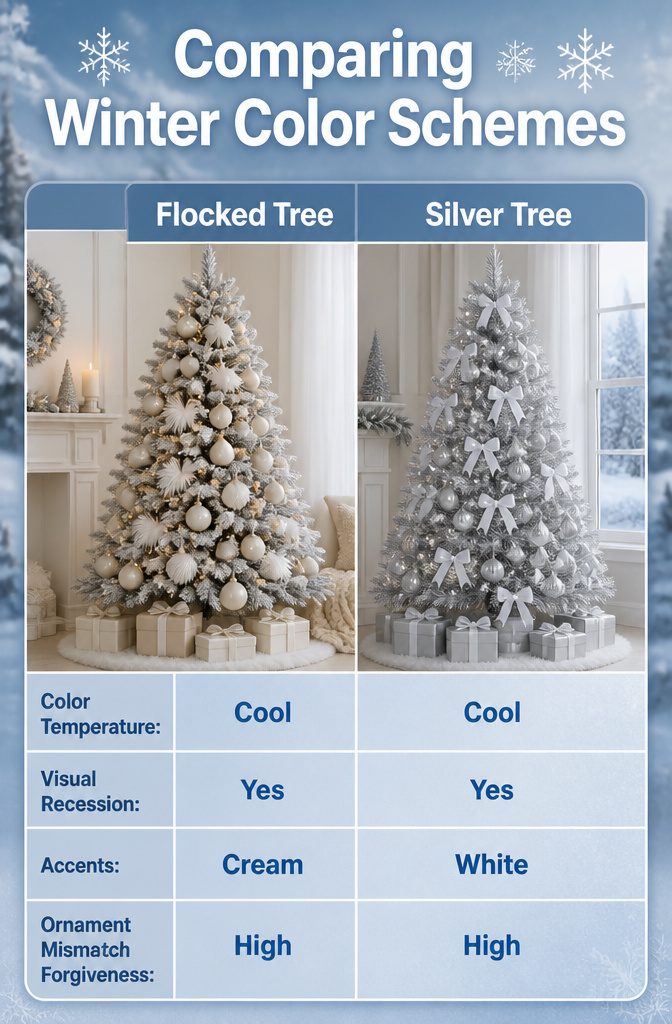 A comparison of winter color schemes for Christmas trees.
