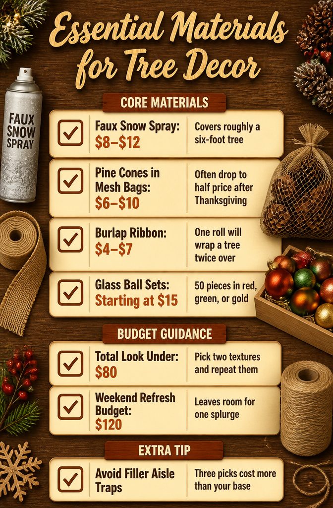 Materials needed for decorating a Christmas tree displayed together.