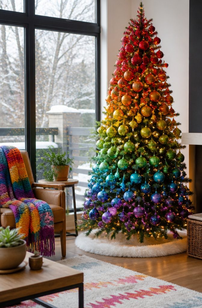 A rainbow-themed Christmas tree decorated with colorful ornaments.