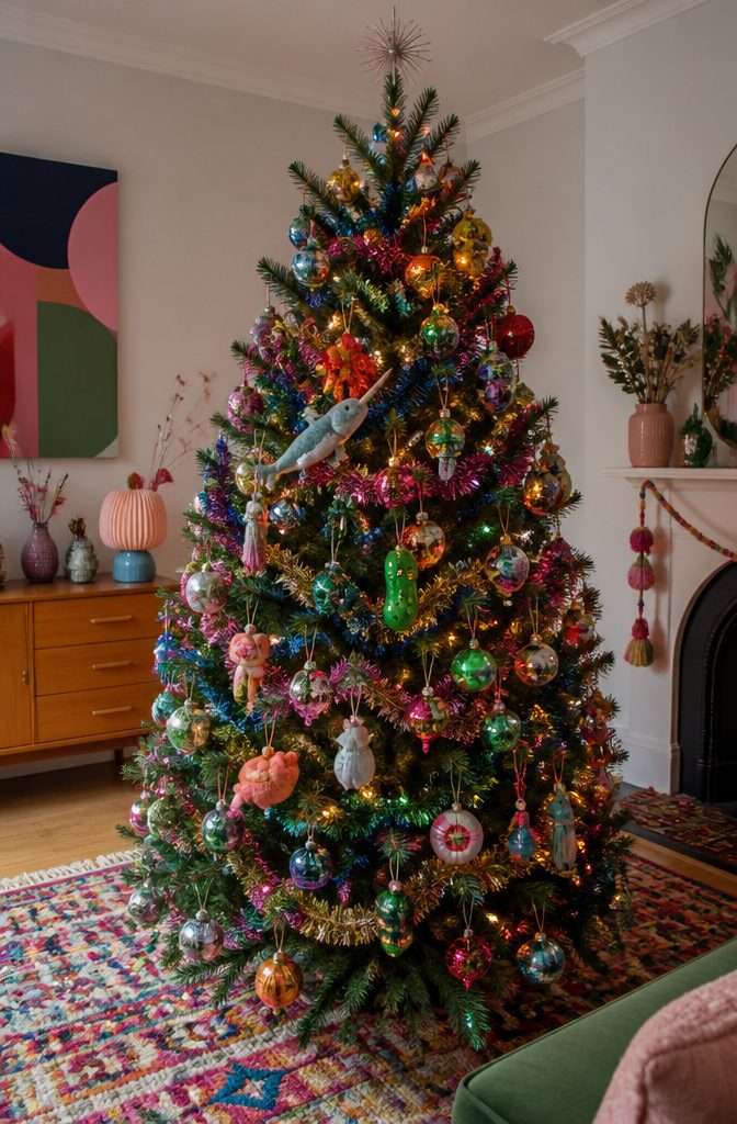A Christmas tree decorated with a variety of quirky ornaments.