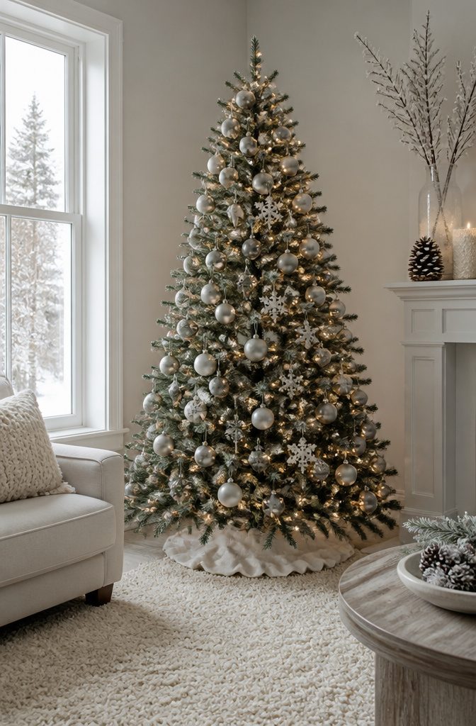 A six-foot Christmas tree decorated with white and silver ornaments.